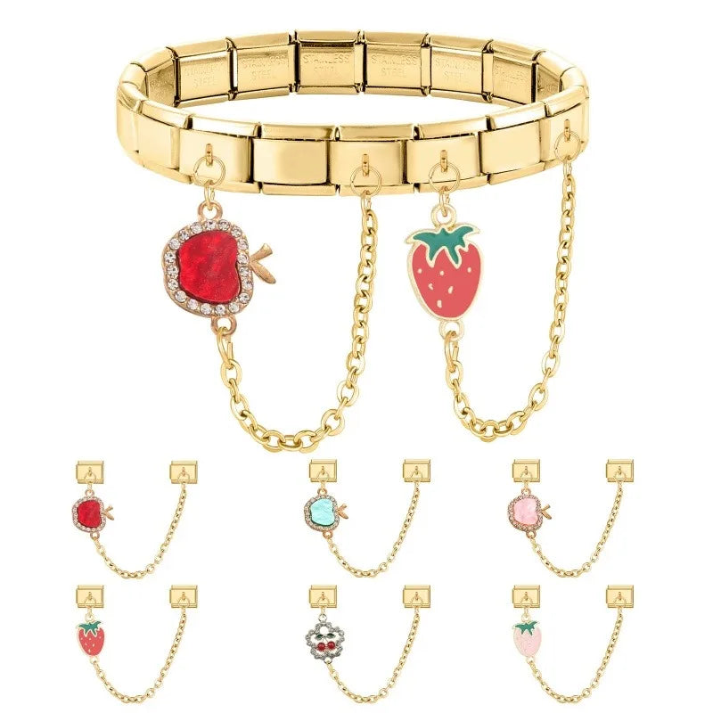 Shiny Zircon Red Apple Fruit Strawberry Cherry Chain Italian Charm Links Fit 9MM Bracelet Stainless Steel Women DIY Making Gifts Qme