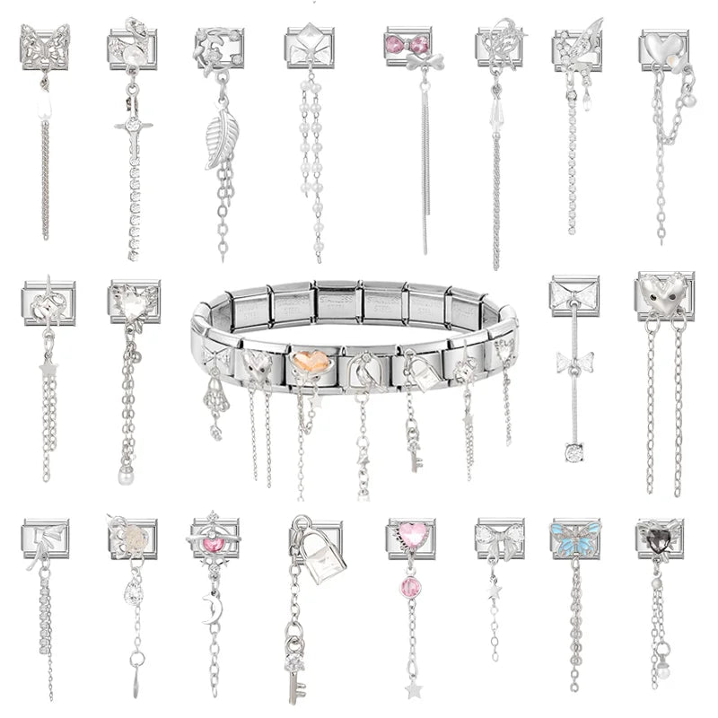 2026 Love Heart Bird Lock Butterfly Bows Long Chain Italian Charm Fit 9mm Bracelet Stainless Steel Drop Shipping Women Jewelry Qme