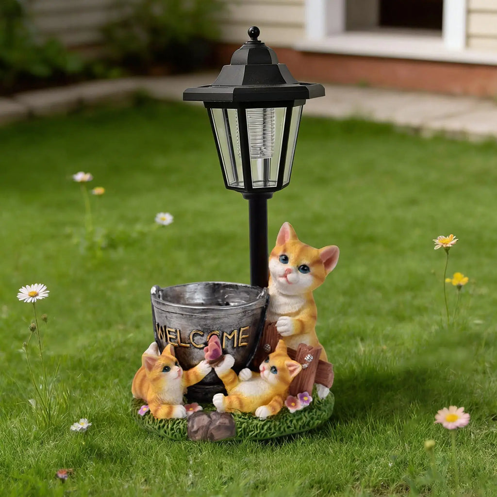 Solar Garden Statues Cat Figurine Welcome Planter Animal Sculpture Qme