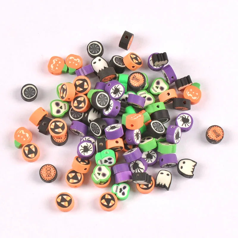 50pcs 10mm Colorful Polymer Clay Mix Pumpkin/Skull/Spider Halloween Beads Jewelry Making Accessories DIY Decor Kids Party Gifts Qme