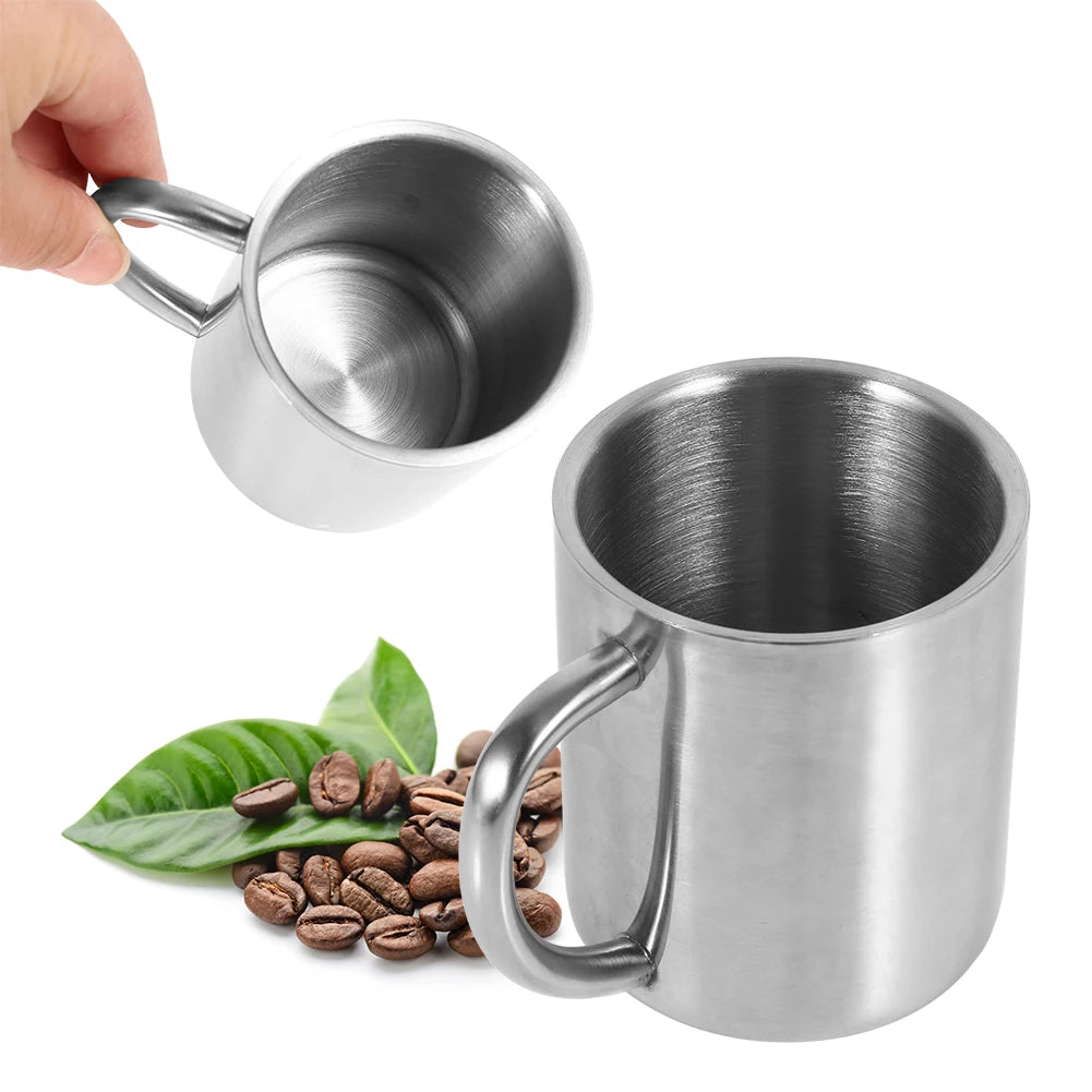 220ml Double Wall Stainless Steel Mug with Handle Portable Travel Camping Coffee Tea Milk Cup Durable Insulated Cup Qme