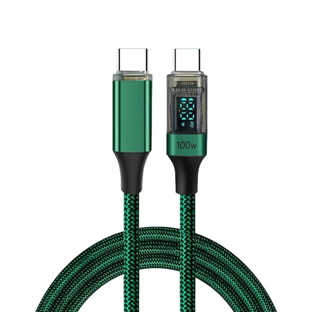 100W USB C Data Cable Digital Display USB C to C Data Cord 0.5M/1M/2M Quick Charge Type-C Charging Line for iPhone Huawei Xiaomi Qme Green 1m
