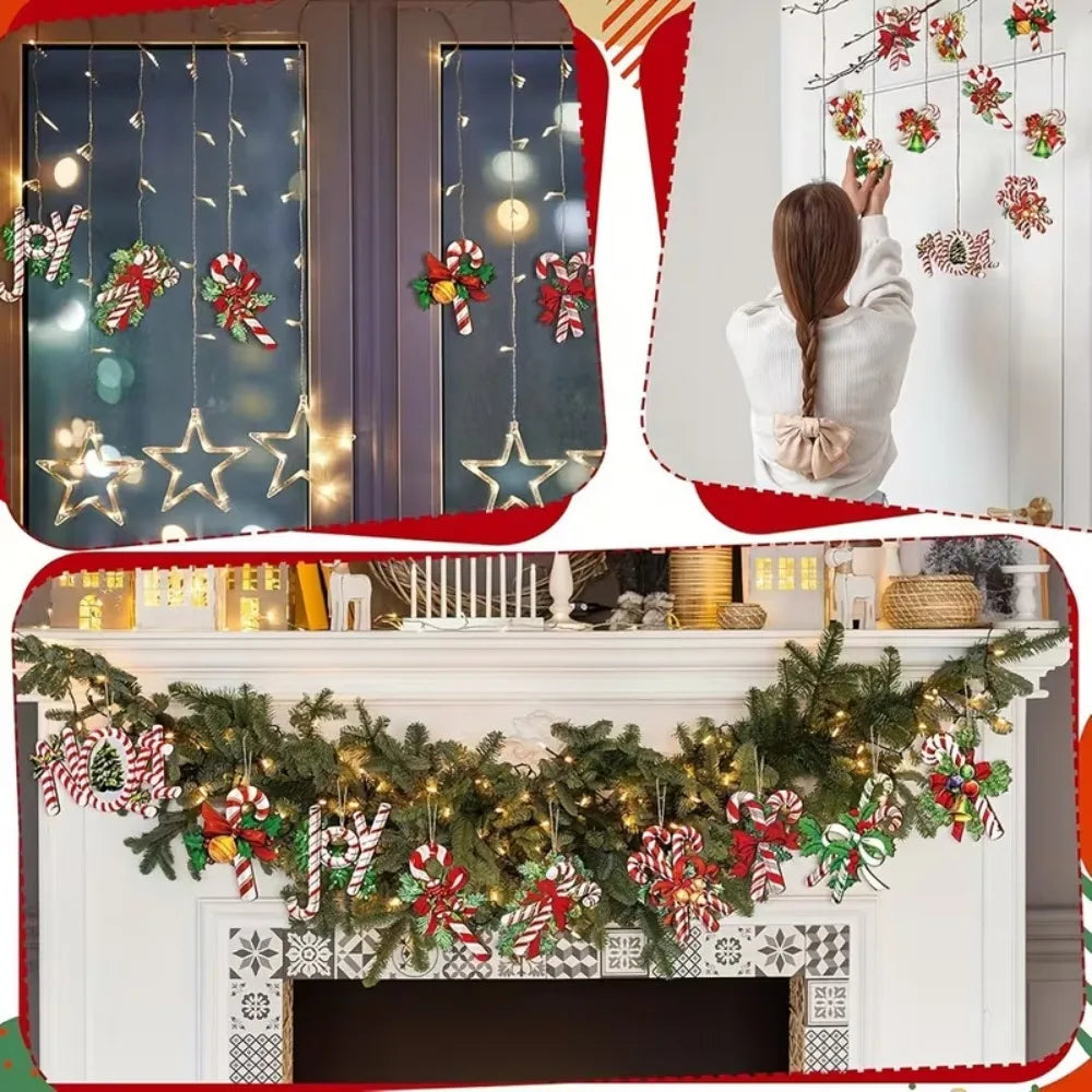 Wooden Christmas Tree Ornaments Cute Candy Cane Bow Bells Hanging Qme