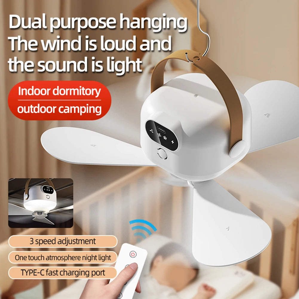 Portable Ceiling Fan Camping Tent Ceiling Canopy Fan Rechargeable Fan Air Circulators With Remote Control USB Charging Light Qme