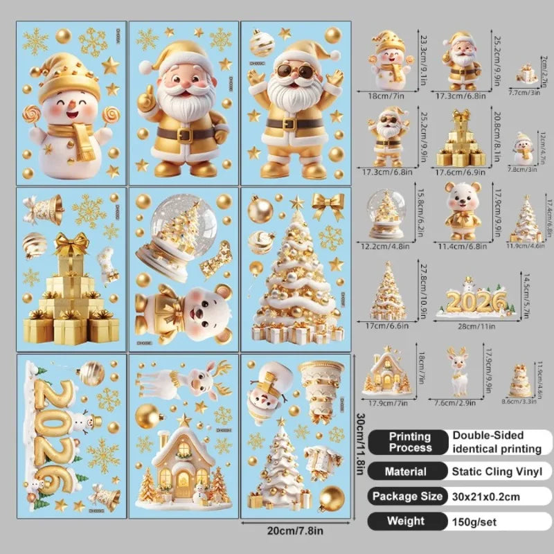 Golden Santa Snowman Window Stickers Reusable Static Cling Decals Qme