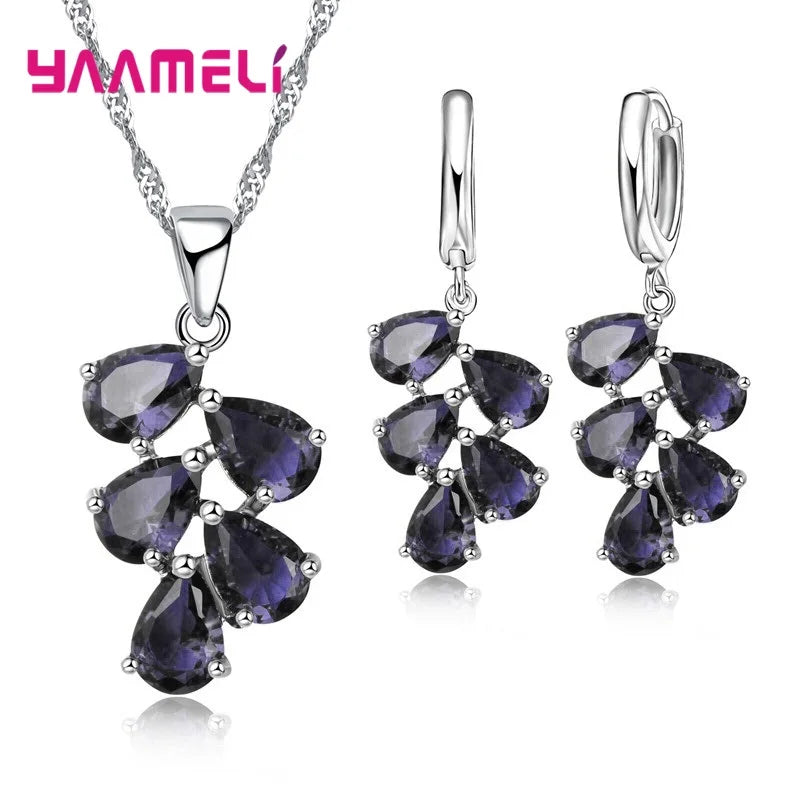 Anniversary Gift For Women Trendy 925 Sterling Silver Color Jewelry Sets Cubic Zirconia Pendants Necklaces Charm Hoop Earrings Qme Purple