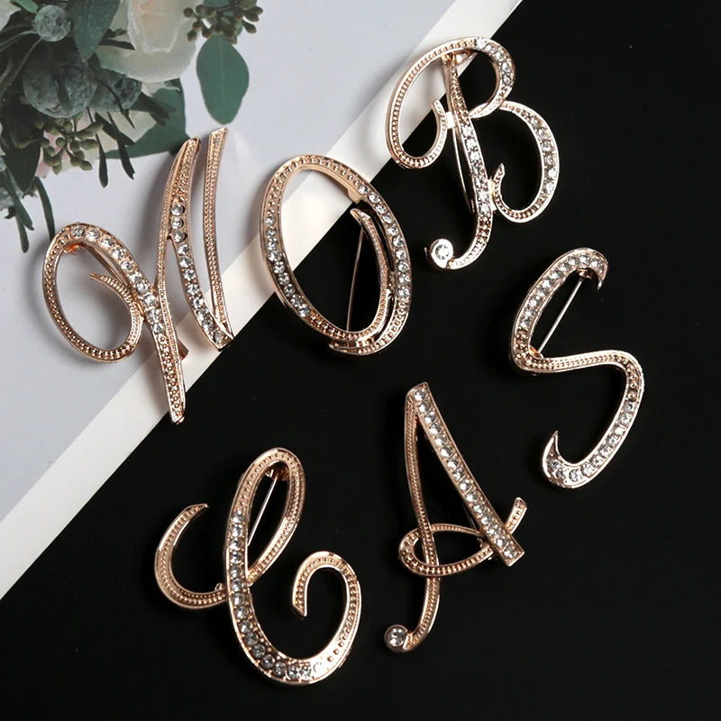 Fashion Women Rhinestone Brooch A-z English Letter Gold Metal Pins Qme