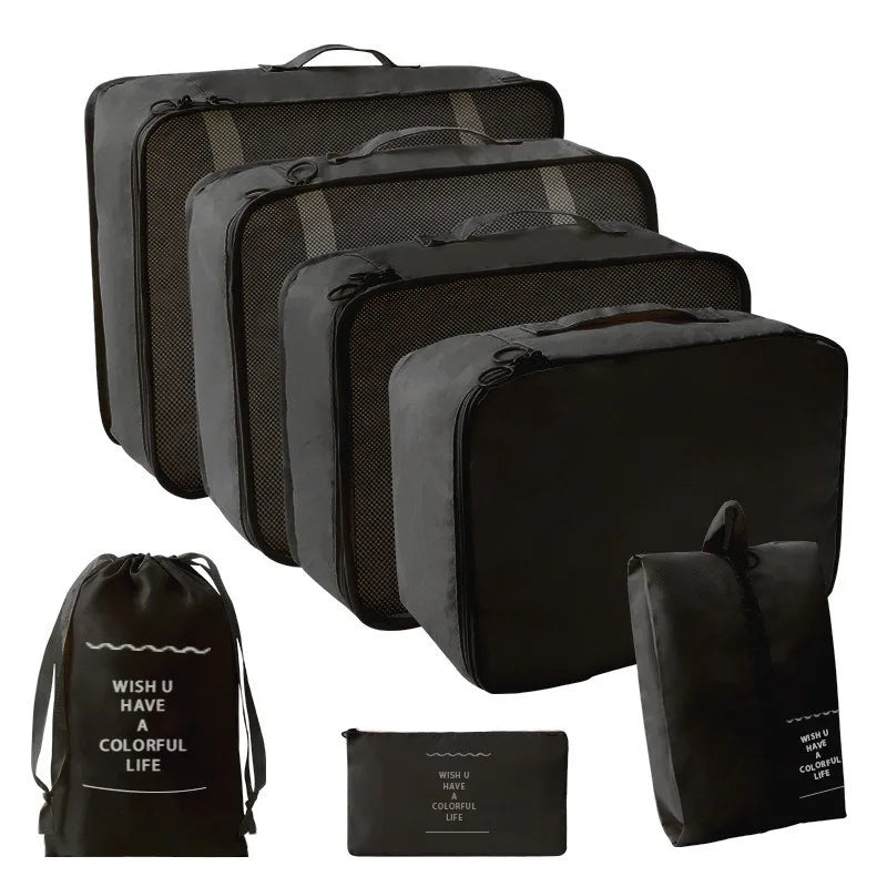 Portable Travel Organizer Storage Bags Set Suitcase Packing Cubes Set Cases Portable Luggage Clothes Shoe Tidy Pouch Folding Bag Qme 7 PCS Black
