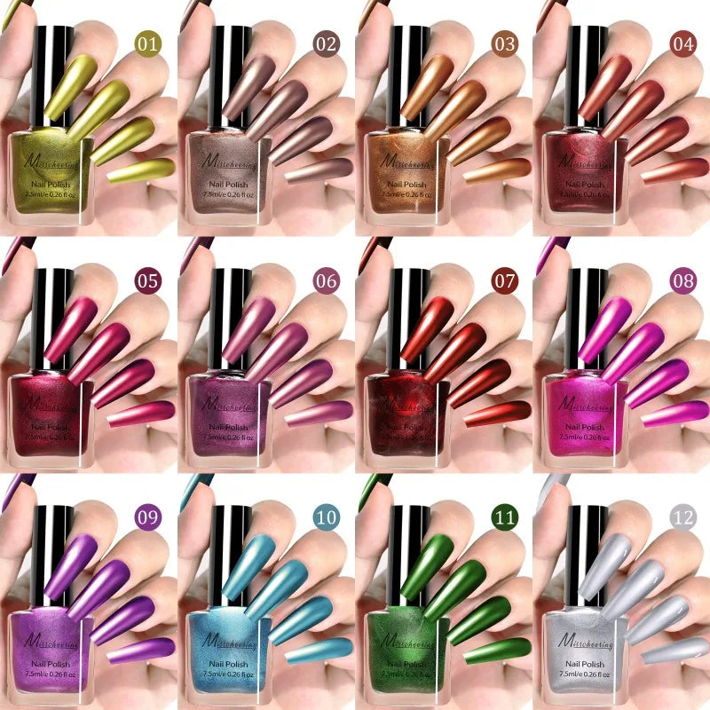 Instant Chrome Nail Polish 12 Colors - No UV Lamp Mirror Effect, Quick Dry Metallic Nail Lacquer, Long Lasting Salon Nail Polish Qme