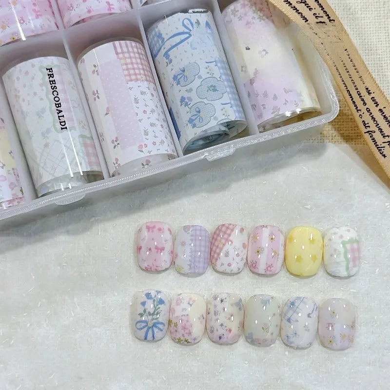 10pcs Nail Art Foil Transfer Paper Pink Grid Pattern Nail Stamping Stickers Sweety Cowboy Style Manicure Decals for DIY Nail Qme Floral Prints-10PCS
