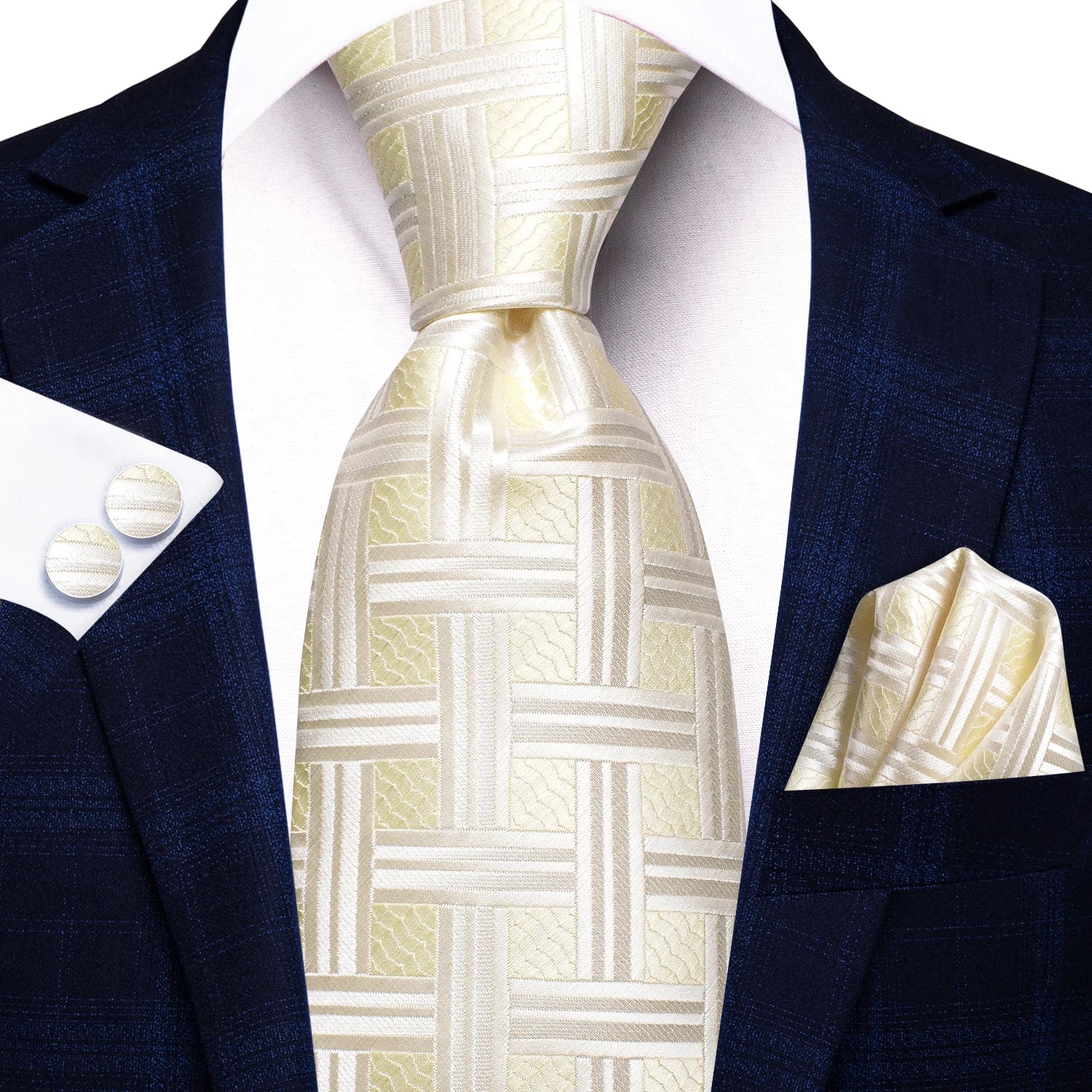 Hi-Tie Fashion 8.5cm Blue Plaid Dots Men's Elegant Tie Handkerchief Cufflinks Set Wedding Party Accessories Gift for Men Gravats Qme N-3781