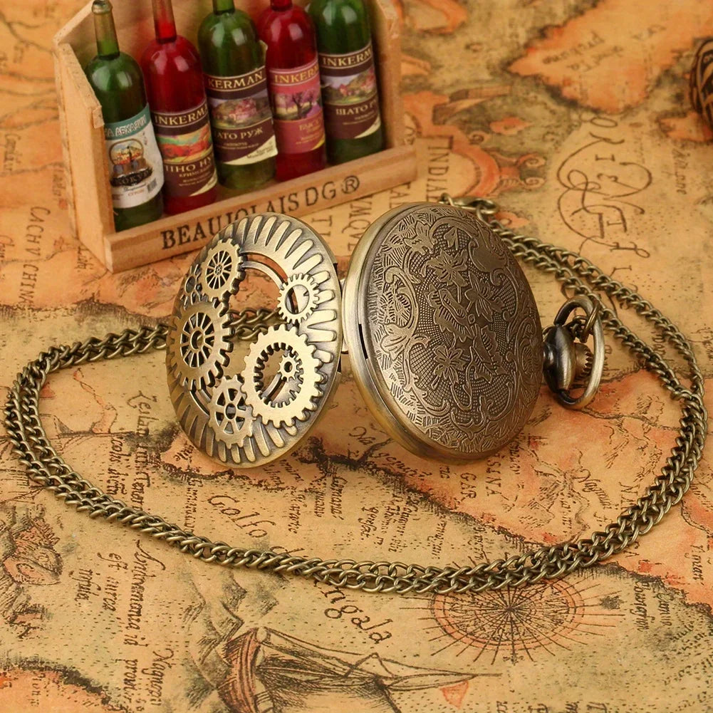 Steampunk Quartz Pocket Watch Retro Gearwheel Analog Necklace Chain Watch Sweater Clothing Accessory Gift For Women Men Qme