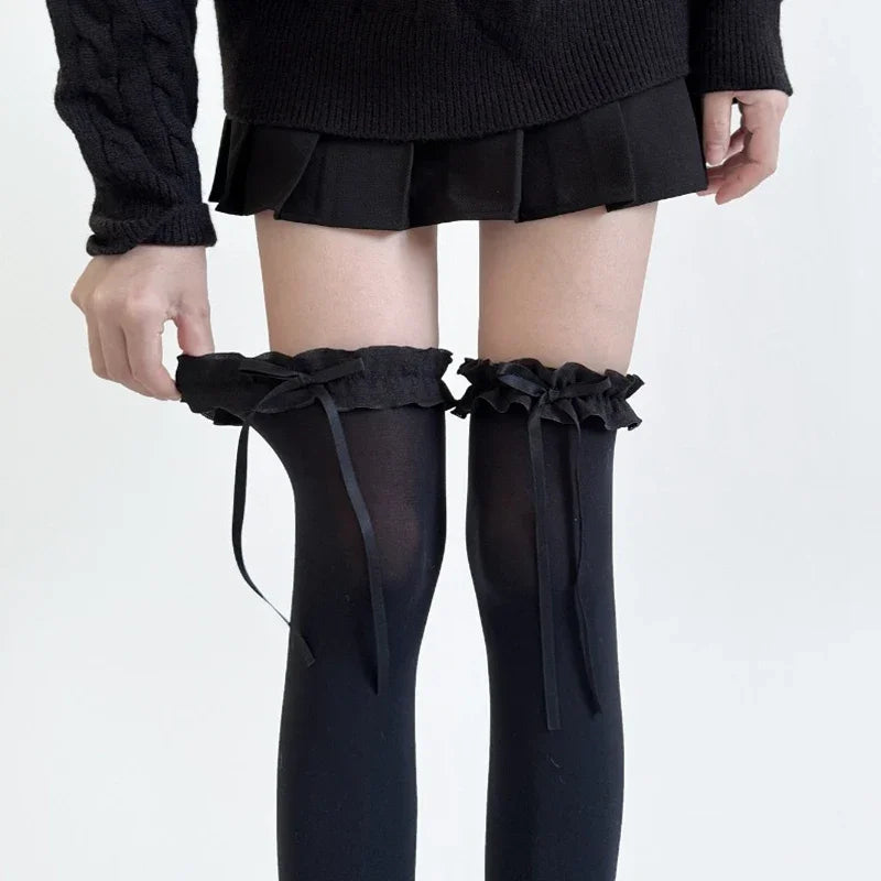 Women Lace Black White Ruffle Long Socks Girls Sweet Stockings JK Qme black One Size