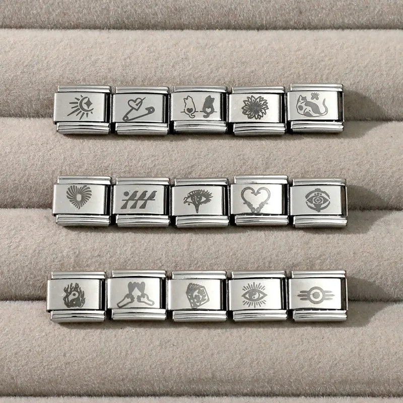 Creative Laser Engraving Taichi Eyes Sunflower Cats Birds Italian Charm Links Fit 9MM Stainless Steel Bracelet DIY Making Gift Qme