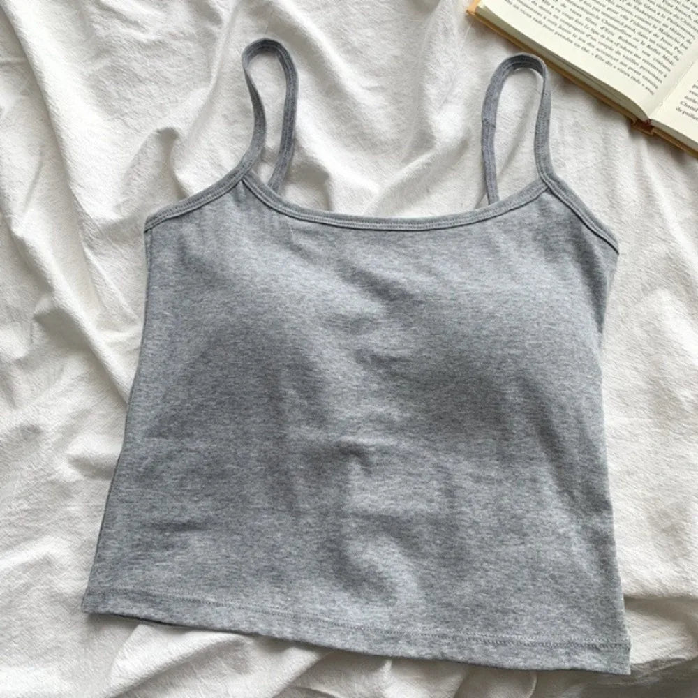 Tank Top Simple Spaghetti Straps Camisole Korean Style Cotton Slim Crop Top Solid Color Bottoming Shirt Sling Vest Women Qme Grey One Size