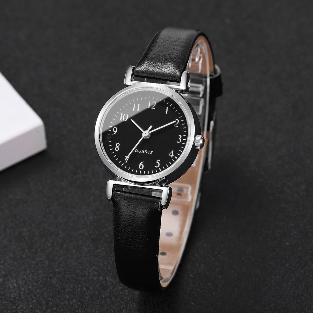 2 pçs/set moda pequeno mostrador feminino relógios de quartzo simples pulseira de couro relógio para meninas reloj mujer Qme