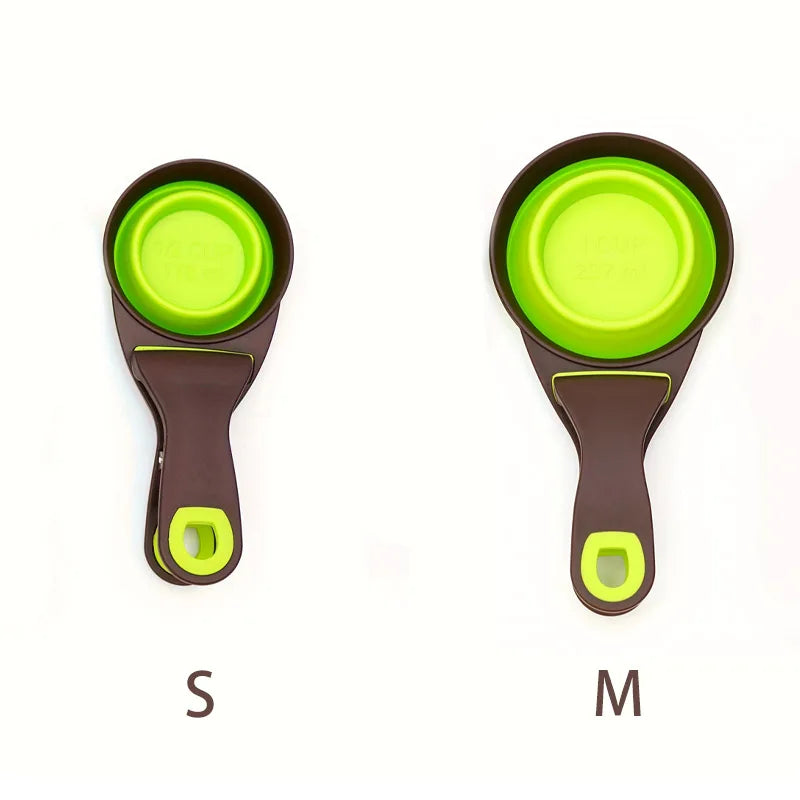 Pet food bag foldable dog food spoon clip, 3-in-1 multifunctional silicone food measuring cup spoon food storage clip Qme green M
