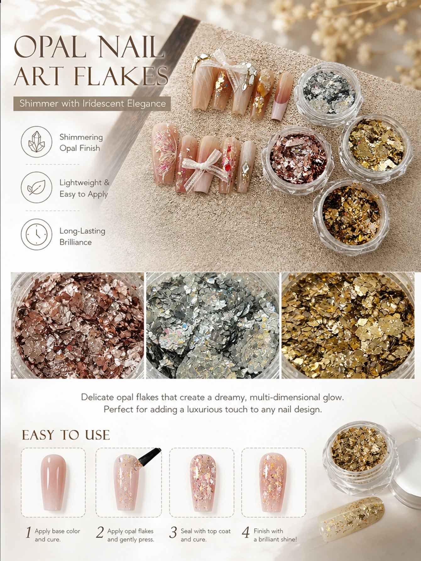 4 Colors Premium Opal Nail Powder Metallic DIY Decorations Glitter Gel Qme