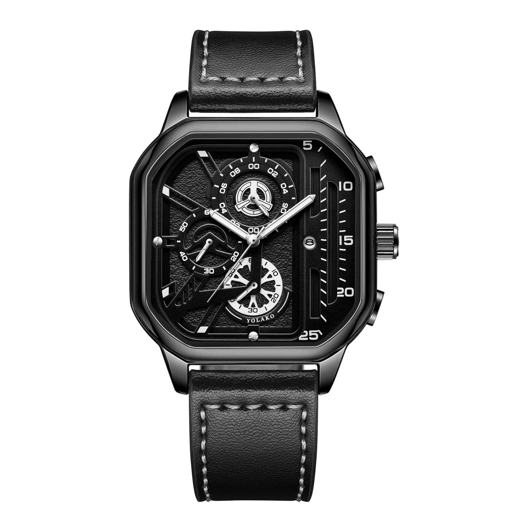 Luxury Square Case Men Chronograph Wristwatch, Multi-Subdial Hollow Dial Black Gold Accent Leather Strap Sport Business Quartz Qme B