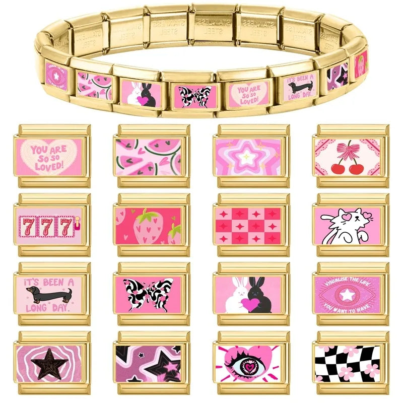 Y2K Pink Series Super Cute Cats Rabbits Tulip Lotus Cherry Golden Italian Charm Link Fit 9MM Stainless Steel Bracelet DIY Making Qme