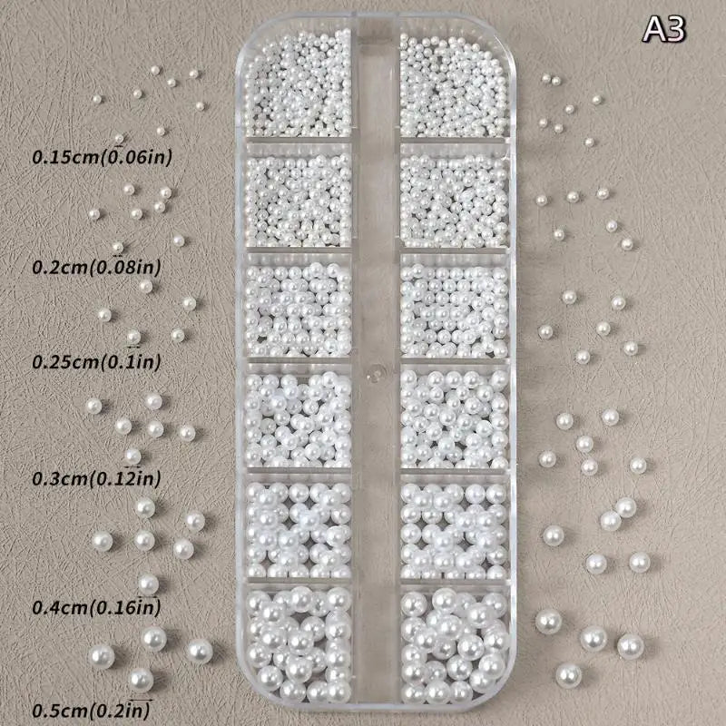 12 Grid Mixed Flat Bottomed Pearl Half Round Rhinestones Nail Jewelry Qme A3