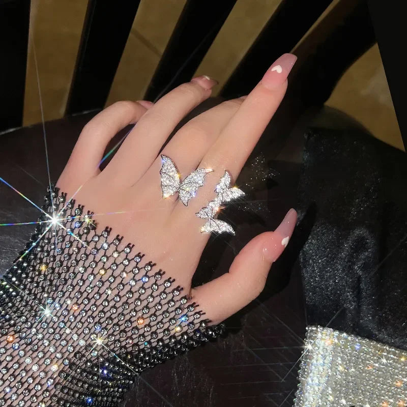 Luxury Sliver Color Zircon Multi Butterfly Open Ring for Women Exaggerated Personality Adjustable Finger Ring Wedding Jewelry Qme