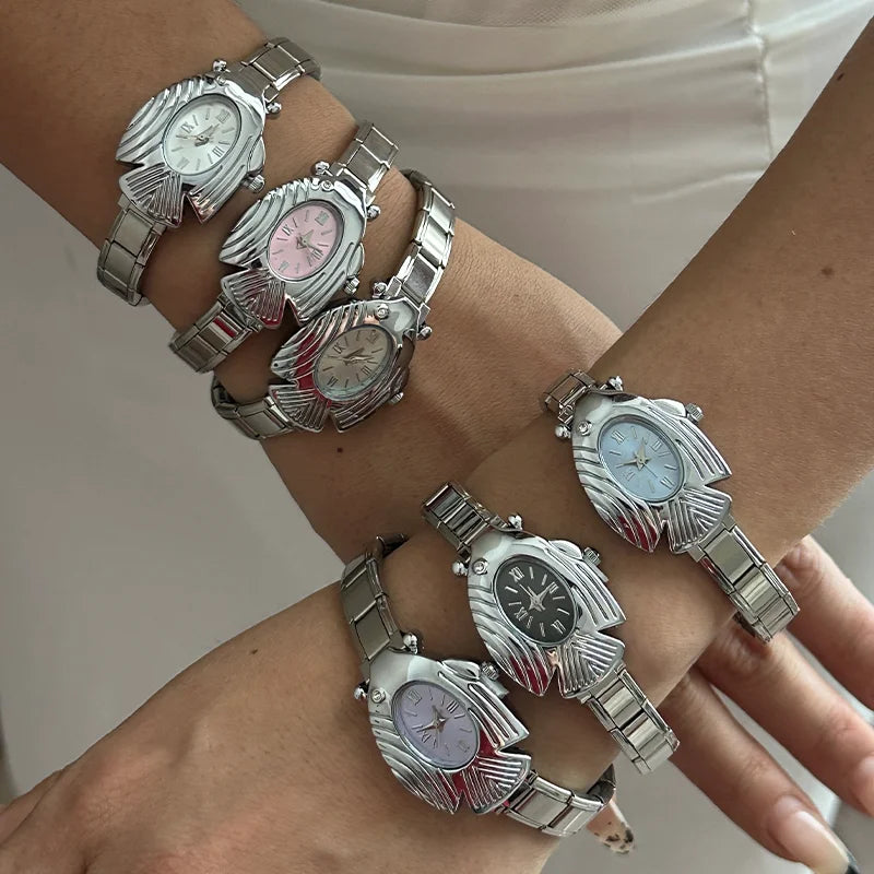 Wholesale Men Women's DIY 9MM Width Italian Elastic Charm Stainless Fish Shape Watch Bracelet Bangle For Birthday Jewelry Gift Qme
