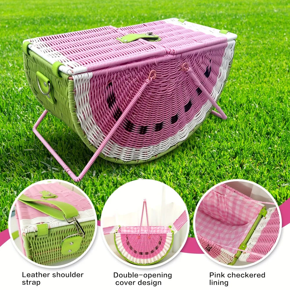 Picnic Basket Retro Watermelon Shaped Picnic Hamper Imitation Rattan Woven Storage Basket with Handle Large Capacity for Camping Qme