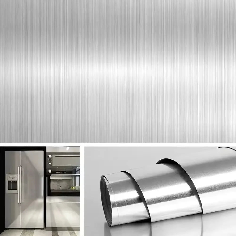 Premium Brushed Silver Stainless Steel PVC Vinyl Waterproof & Oil-Proof Removable Wallpaper Film for Kitchen & Elevator Decor Qme