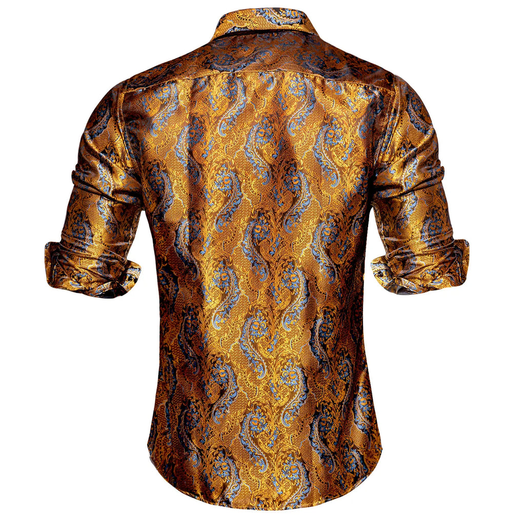 Hi-Tie Fashion Mens Silk Shirts Long Sleeve Gold Blue Paisley Jacquard Lapel Shirt Casual Formal Wedding Business Party Gifts Qme