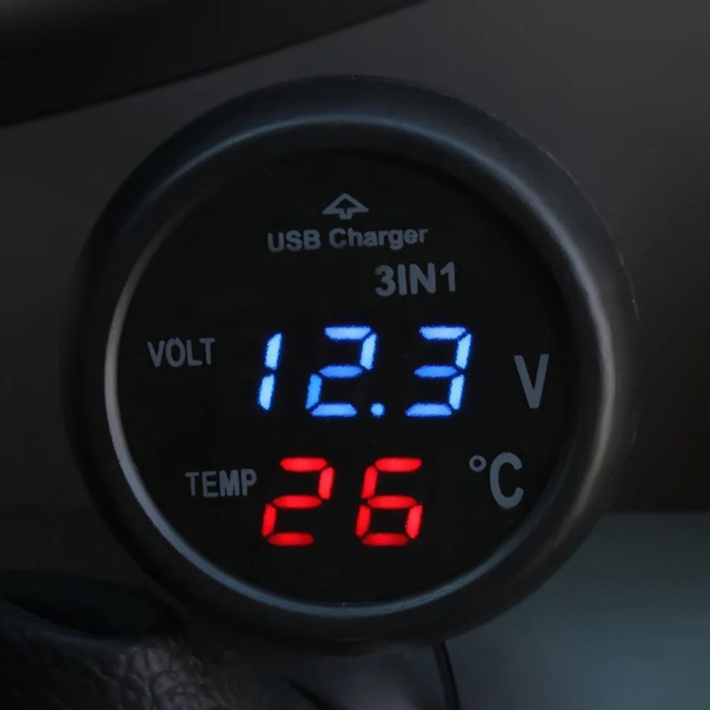 Car Charger 3 in 1 12/24V Charge with Voltmeter Switch Car Auto LED Digital Voltmeter Gauge Thermometer USB Charger Qme
