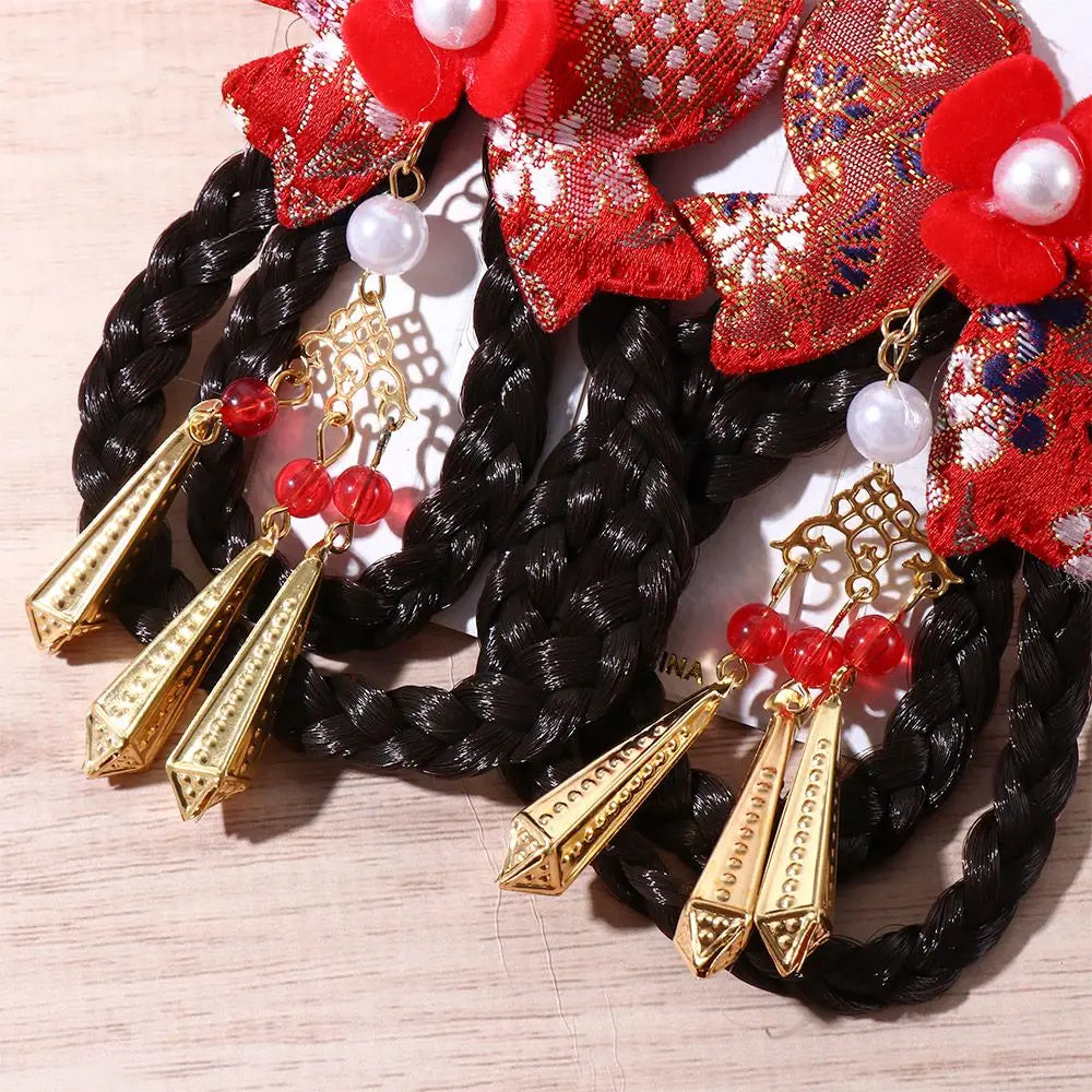 Elegant Sweet Cloth Hanfu Headdress Tang Suit Tassel Chinese Style Wig Braid Hairpin Side Clip Bow Hairpin Hair Accessories Qme