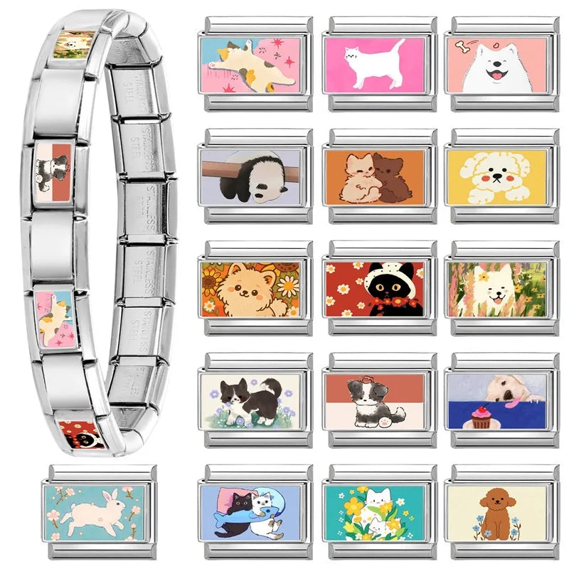 Design Cute Cartoon Animal Pet Series Cat Dog Rabbit Italian Link fit 9mm Stainless Steel Bracelet Making Gift DIY Charm Jewelry Qme