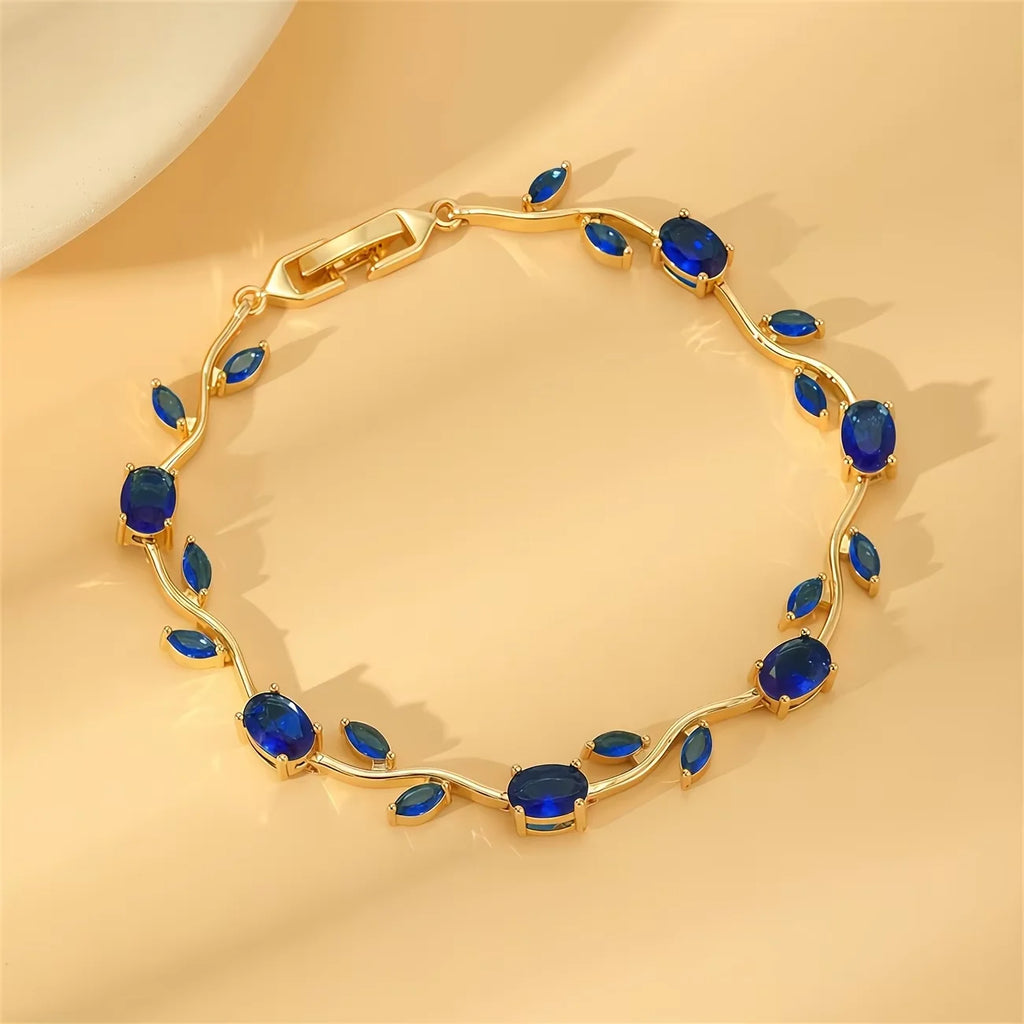 Vintage Design Women Bracelet Inlaid Deep Blue Cubic Zirconia Gold Tone Adjustable Wristband Daily Banquet Bridal Jewelry Gift Qme blue