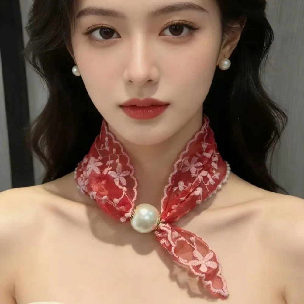 Snap Closure Magnetic Buckle Lazy Scarf Adjustable Elegant Pearl Lace Neck Scarf Collarbone Chain Versatile Shirt Collar Scarf Qme