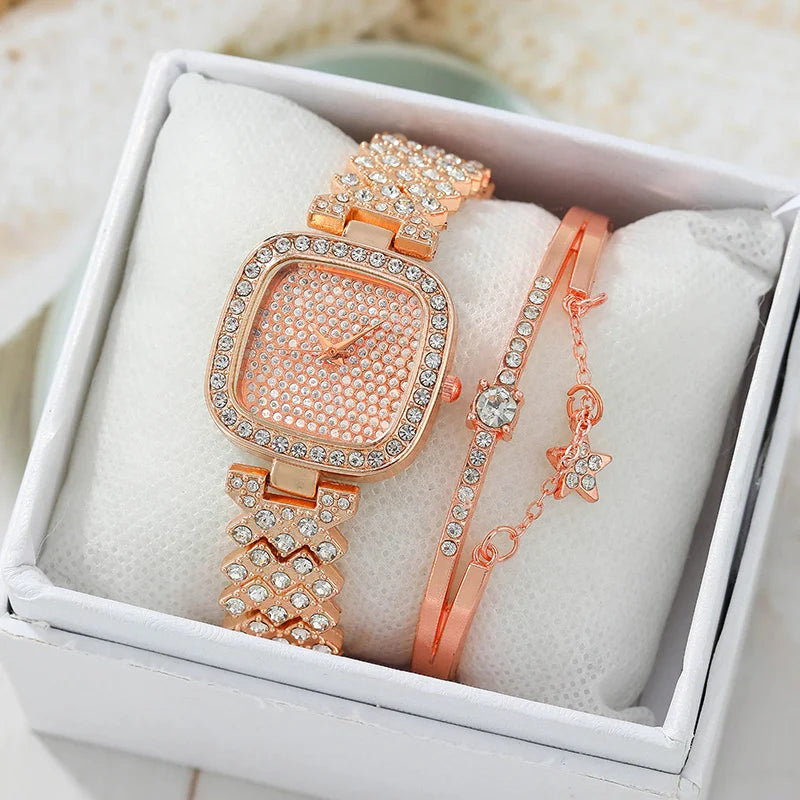 1pcs of fashionable and personalized rhinestone quartz watch and 1 pcs of versatile star bracelet Qme Rose Gold Set