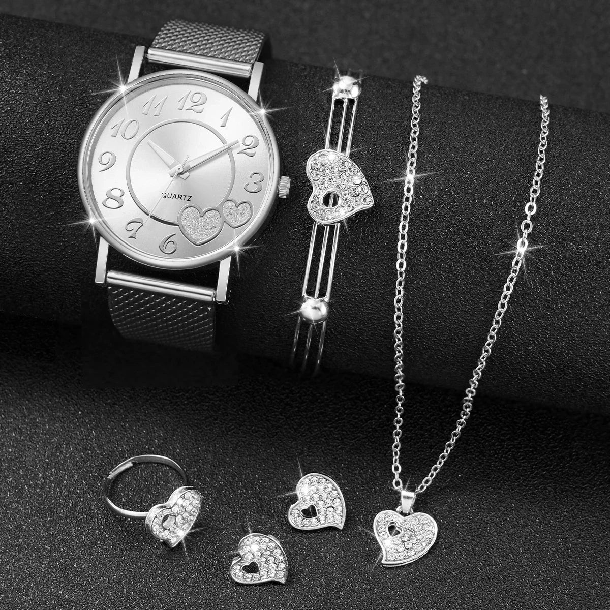 6 pçs/set relógio feminino moda banda de plástico relógio de quartzo strass coração conjunto de jóias (sem caixa) Qme