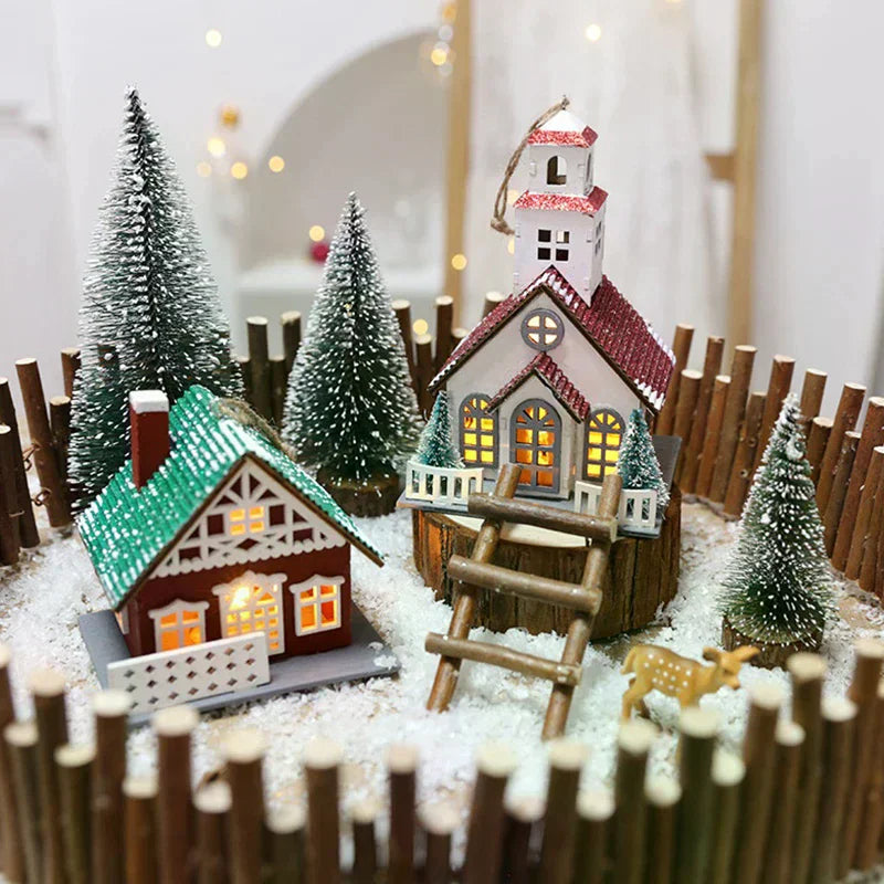 LED Wooden Christmas House Mini Xmas Snow Houses Wooden Winter Village Building Figurines Table Ornaments Holiday Party Decor Qme