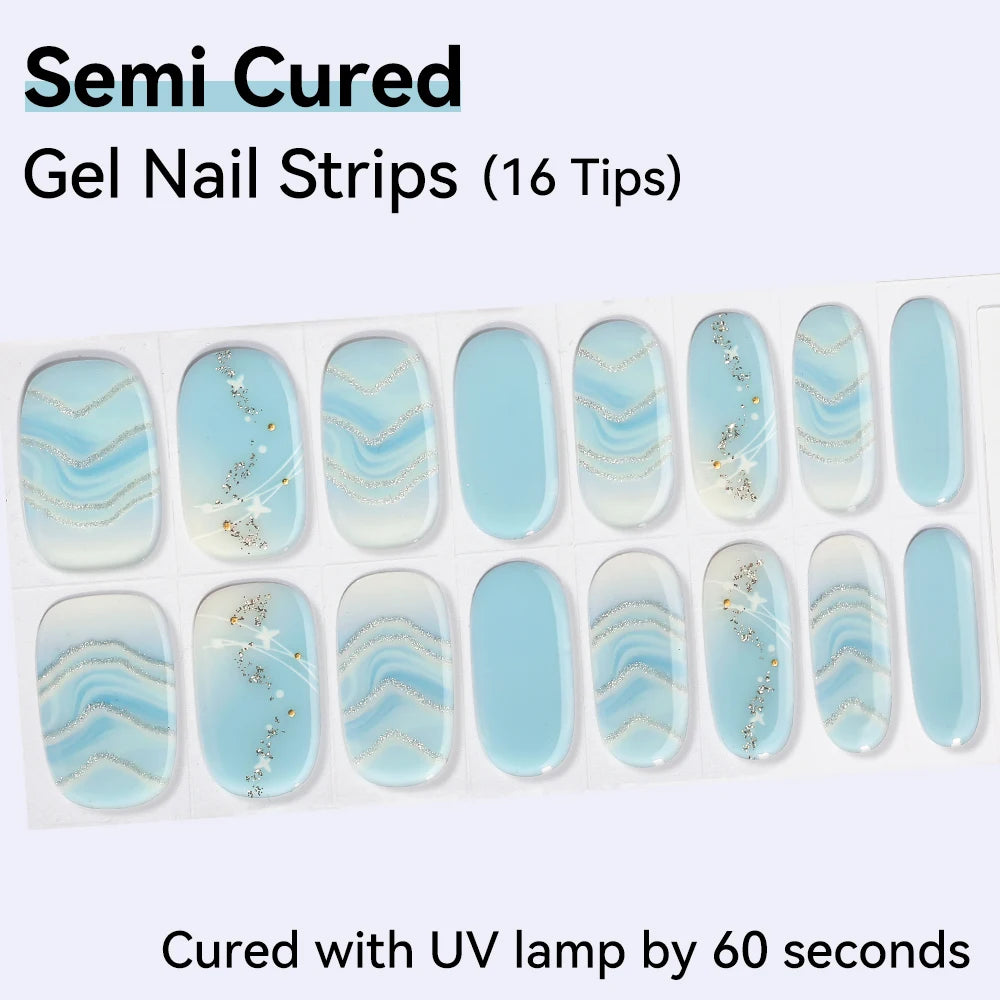 16Tips Semi-cured Gel Nail Sticker Colorful French Glitter UV LED Qme NF250027