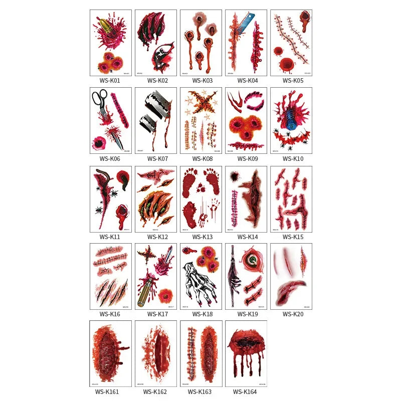 A 10pcs Waterproof Halloween Tattoo Stickers Bleeding Wound Scar Temporary Tattoos for Women Men Fake Tattoo For Halloween Party Qme