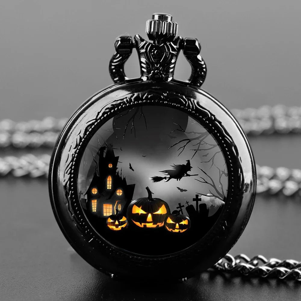 Pumpkin Witch Glass Dome Quartz Pocket Watch With Durable Chain Arabic Numeral Dial Halloween Gifts for Kids Qme