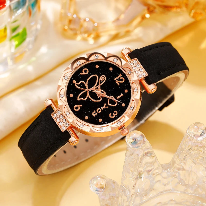 Women's watch with minimalist elements dialing quartz watch latex belt jewelry set for girls' gift Qme