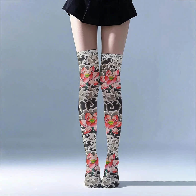 Women's Sexy Thigh-high Stockings Trend Tattoo Full Print Pattern 3D Qme