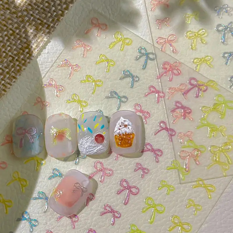 Colorful Bow Ribbon Bowknot Nail Sticker 3D Mini Appliques Adhesive Qme