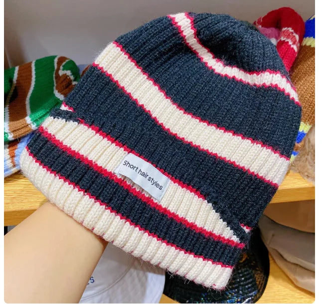 Niche Striped Autumn Winter Warm Wool Hat Showing Face Small Qme army blue One Size