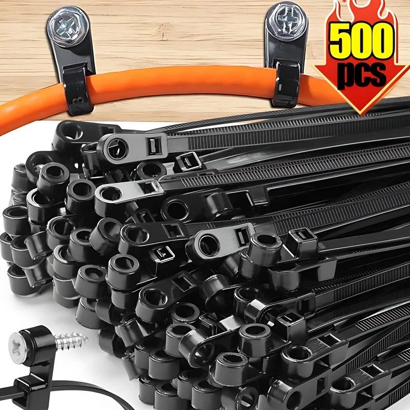 500/100PCS Screw Hole Cable Ties Reusable Fixed Nylon Cable Ties Self-locking Cord Ties Straps Fastening Loop Office Organizer Qme