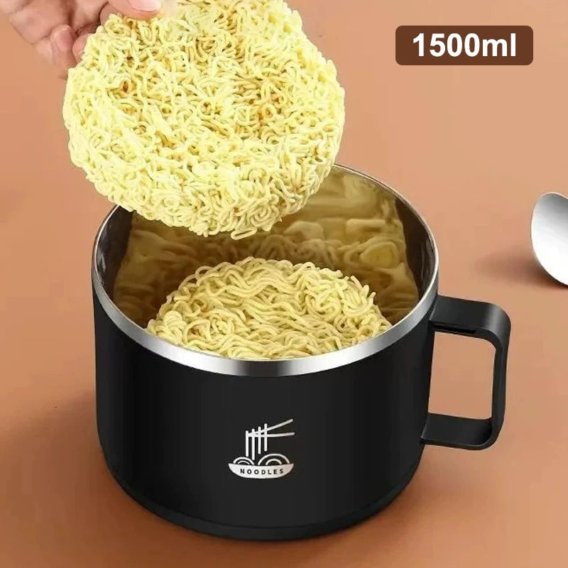 304 Stainless Steel Foam Bowl Large Capacity Double-Layer Anti-Scald Lunch Box With Tableware/Lid Can Drain Ramen Bowl Qme Black