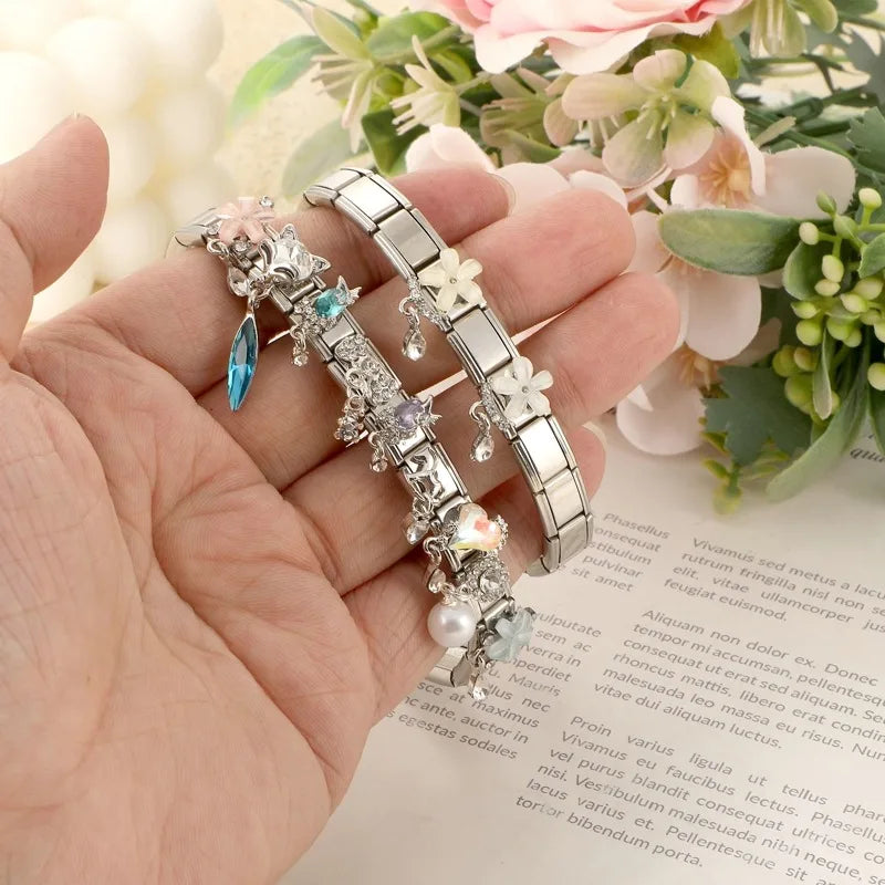 Shiny Colorful Heart Cats Bowknot Flower Zircon Water Drop Italian Charm Links Fit 9mm Stainless Steel Bracelet Women DIY Making Qme