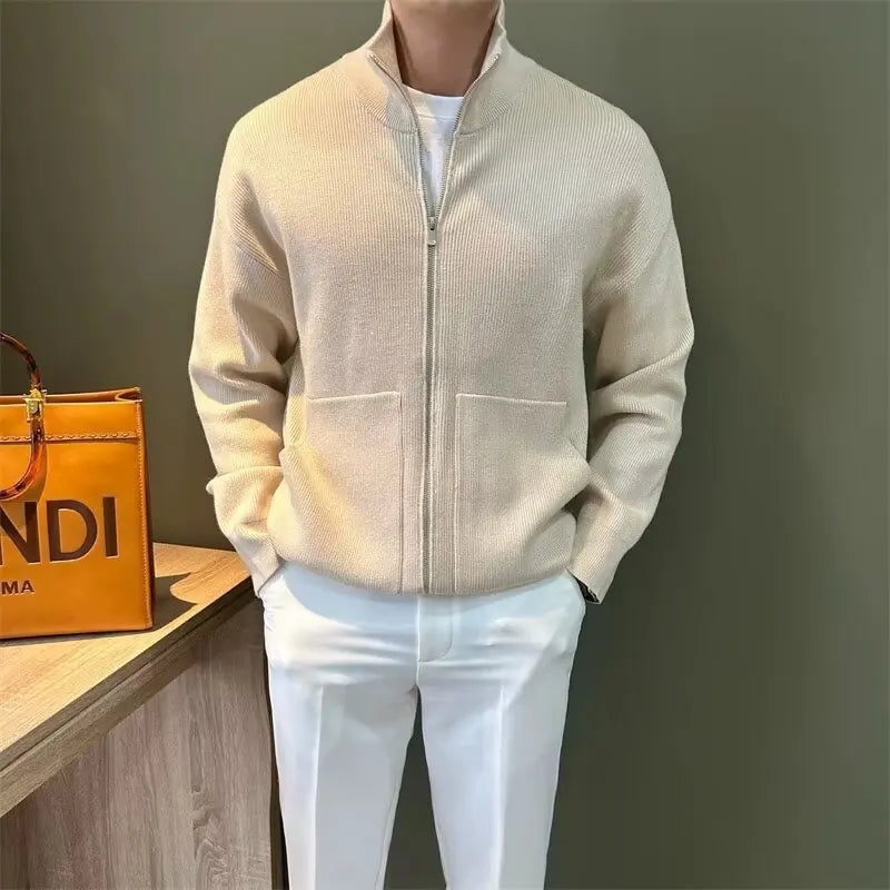 Men's Versatile Solid Zip-up Cardigan Slim Fit Stand Collar Sweater Qme Beige XL