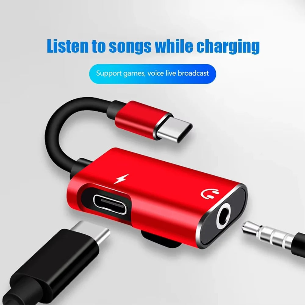 2 In 1 Dualport Dispense Type C To 3.5mm Jack Adapter Type C Audio Splitter Headphone Cable Earphone Adapter Charger Accessories Qme